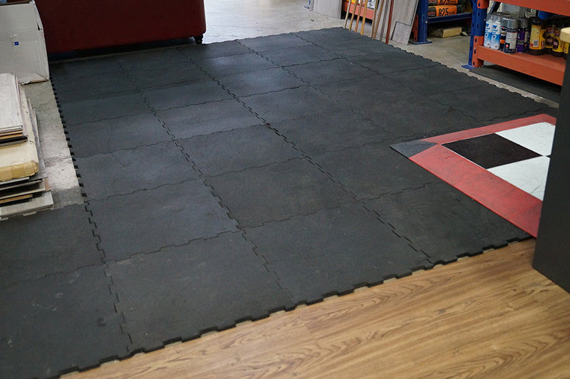 48cm X 48cm X 15mm INTERLOCKING GYM RUBBER **FACTORY SECONDS** TILES-BLACK-$4.88 EACH