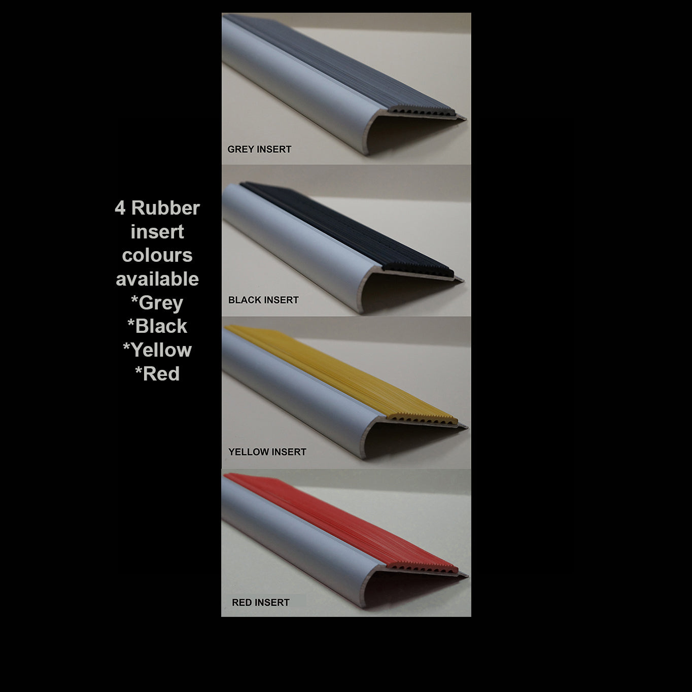 ANODISED ALUMINIUM BULLNOSE STAIR NOSING - 50mm GREY BLACK RED YELLOW RUBBER INSERT 3.66M LENGTH