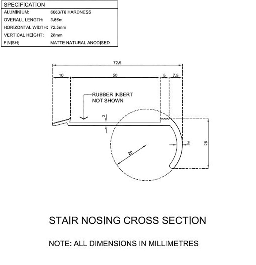 ANODISED ALUMINIUM BULLNOSE STAIR NOSING - 50mm GREY BLACK RED YELLOW RUBBER INSERT 3.66M LENGTH