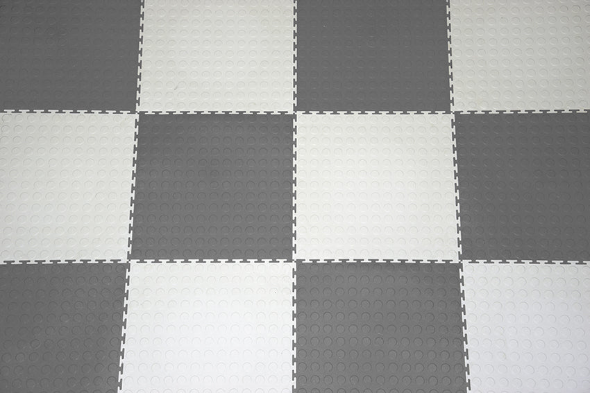 PVC Interlocking Tiles -Grey & White Checker - Coin Dot