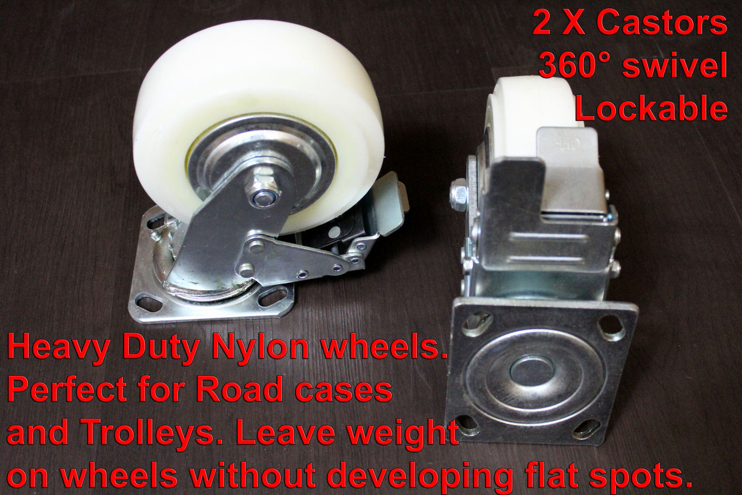 SET OF 4 HEAVY DUTY NYLON CASTORS 15cm - 2 with FOOT BRAKE