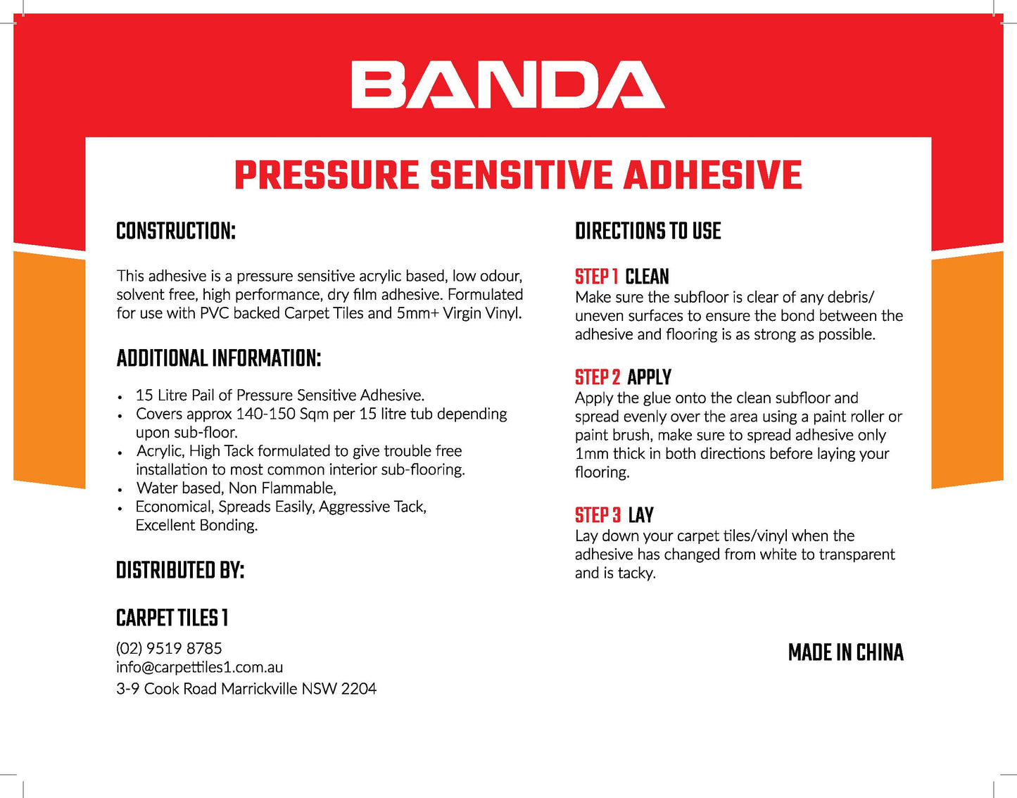 5L Banda Pressure Sensitive Adhesive (Carpet Tiles and Vinyl Glue)