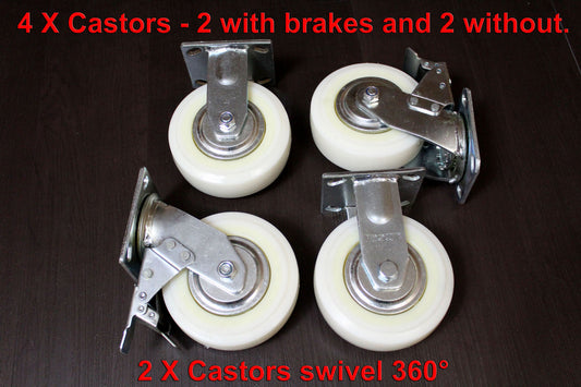 SET OF 4 HEAVY DUTY NYLON CASTORS 15cm - 2 with FOOT BRAKE