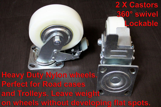 SET OF 4 HEAVY DUTY NYLON CASTORS 15cm - 2 with FOOT BRAKE