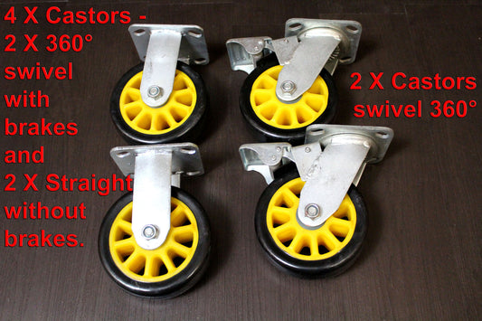 SET OF 4 HEAVY DUTY PU CASTORS 15cm - 2 with FOOT BRAKE